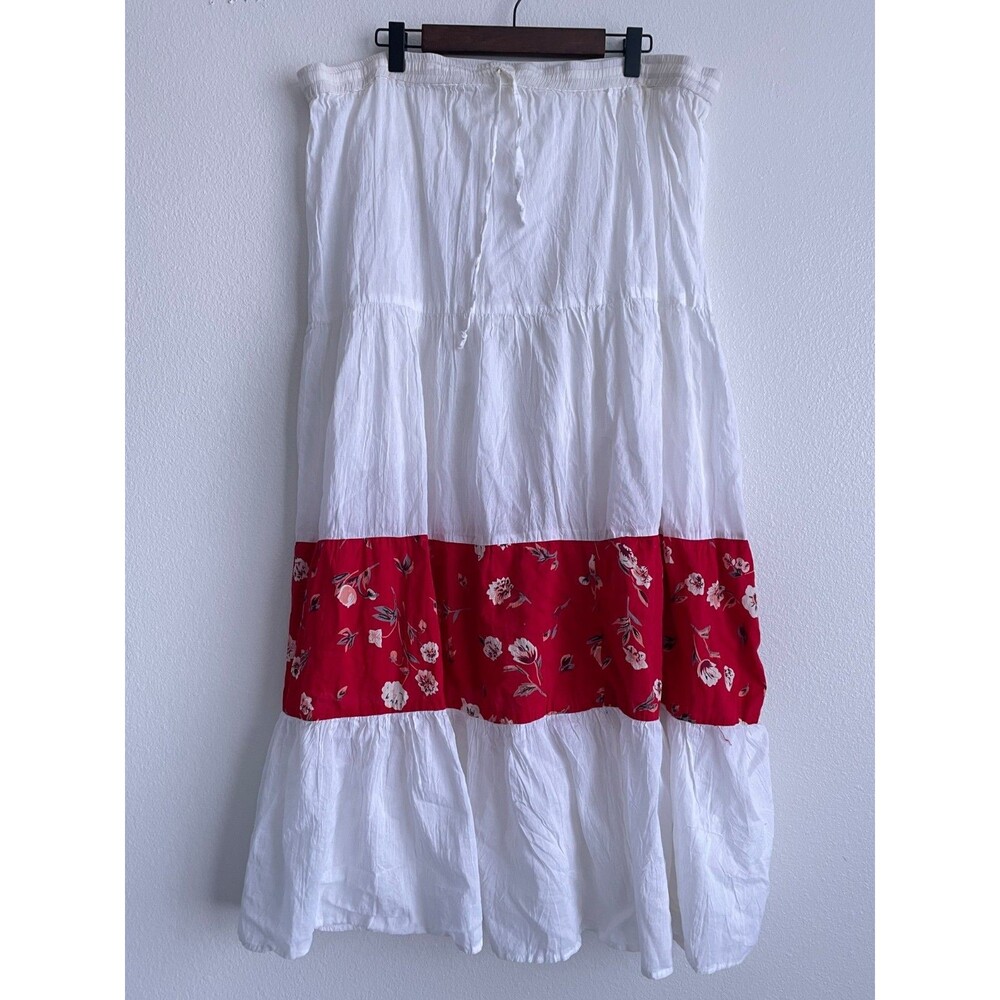 Vintage Womens Cotton White Red Floral Tiered Cotton Maxi Skirt Cottagecore